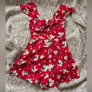 Forever 21 Red Floral Tie-Front Romper with Blue and Cream Blooms